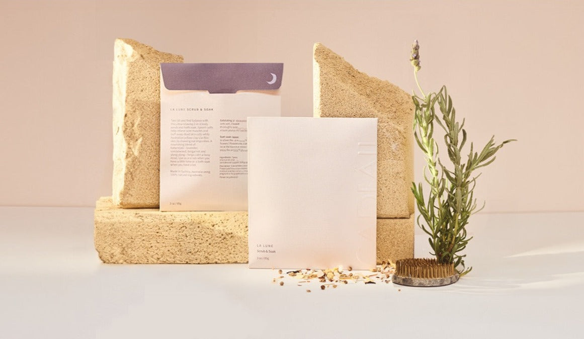 Bath salts packaging front and back. Embossed packaging. Lavender in vase