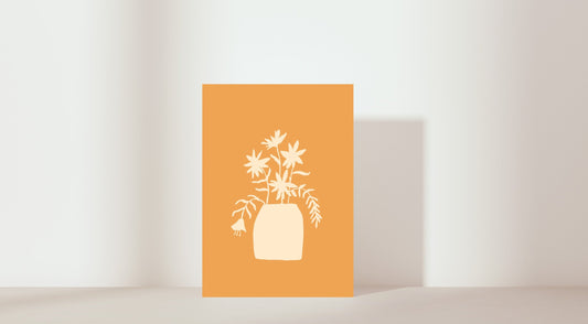 Imagery: Vase and flowers. colour: orange and cream