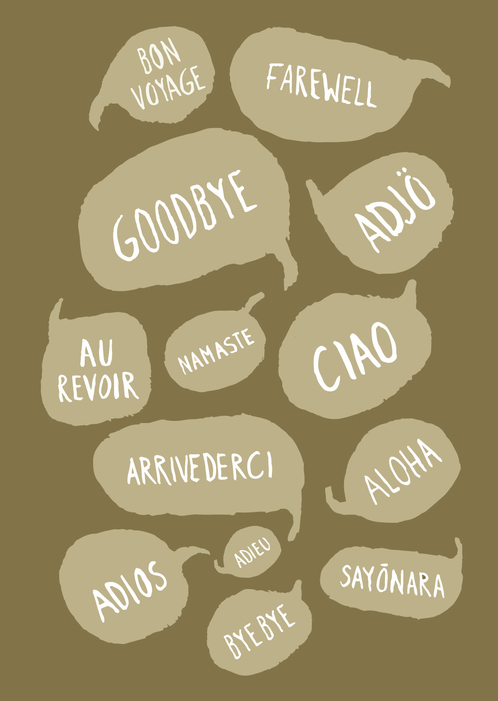 Goodbye in many languages in speech bubbles. Green colour ways