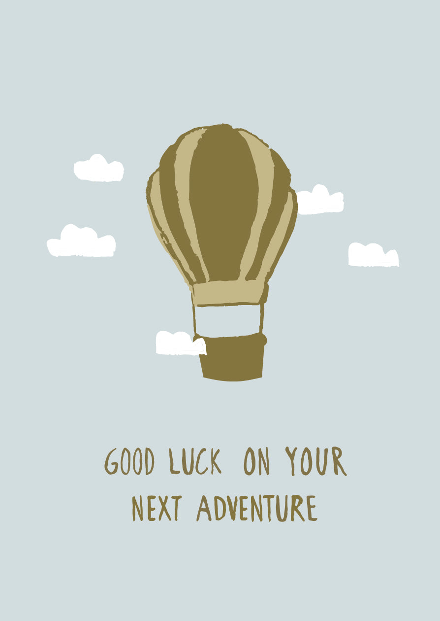 Close up Goodluck on your next adventure hot air balloon illustration card 