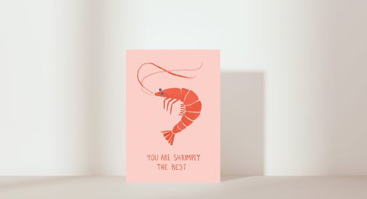 'You are shrimply the best' imagery: shrimp. Colour: red 